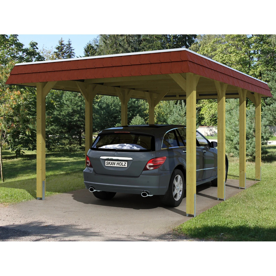 Skan Holz Carport Spreewald aus Nadelholz mit roter Blende und EPDM-Dach in Grün, B/T/H: 589 x 345 x 241 cm - Bild 2