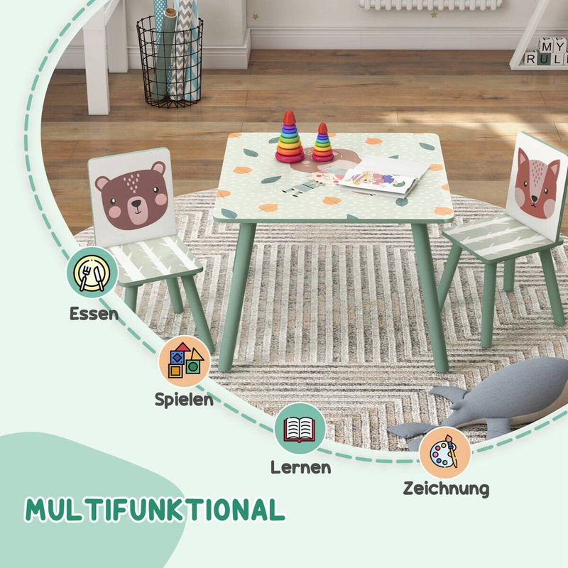ZONEKIZ Kinder Sitzgruppe mit Tisch und 2 Stühlen in Grün aus Kiefer und MDF, B/H/L: 60 x 44 x 60 cm - Bild 3