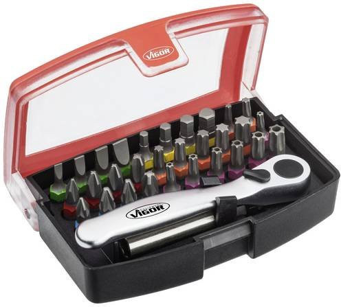 Vigour Bit-Set V5502 mit 32 Werkzeugen für 1/4 Zoll Sechskant inklusive Schlitz, Innen-Sechskant, Kreuzschlitz PH, Pozidriv PZ, Innen TX und Tamper Resistant TX Profilen - Bild 1