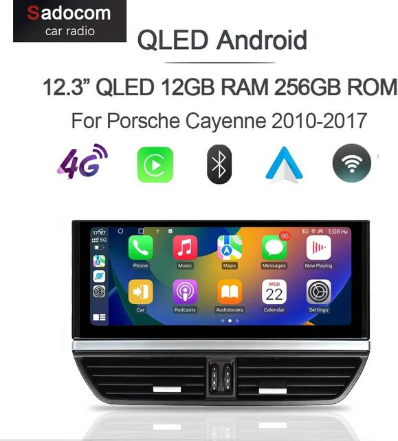 Sadocom Android 13 Multimedia Autoradio mit GPS und Carplay für Porsche Cayenne 2010-2017, 12,3 Zoll IPS Display, 8GB RAM, 128GB Speicher, Schwarz - Bild 1