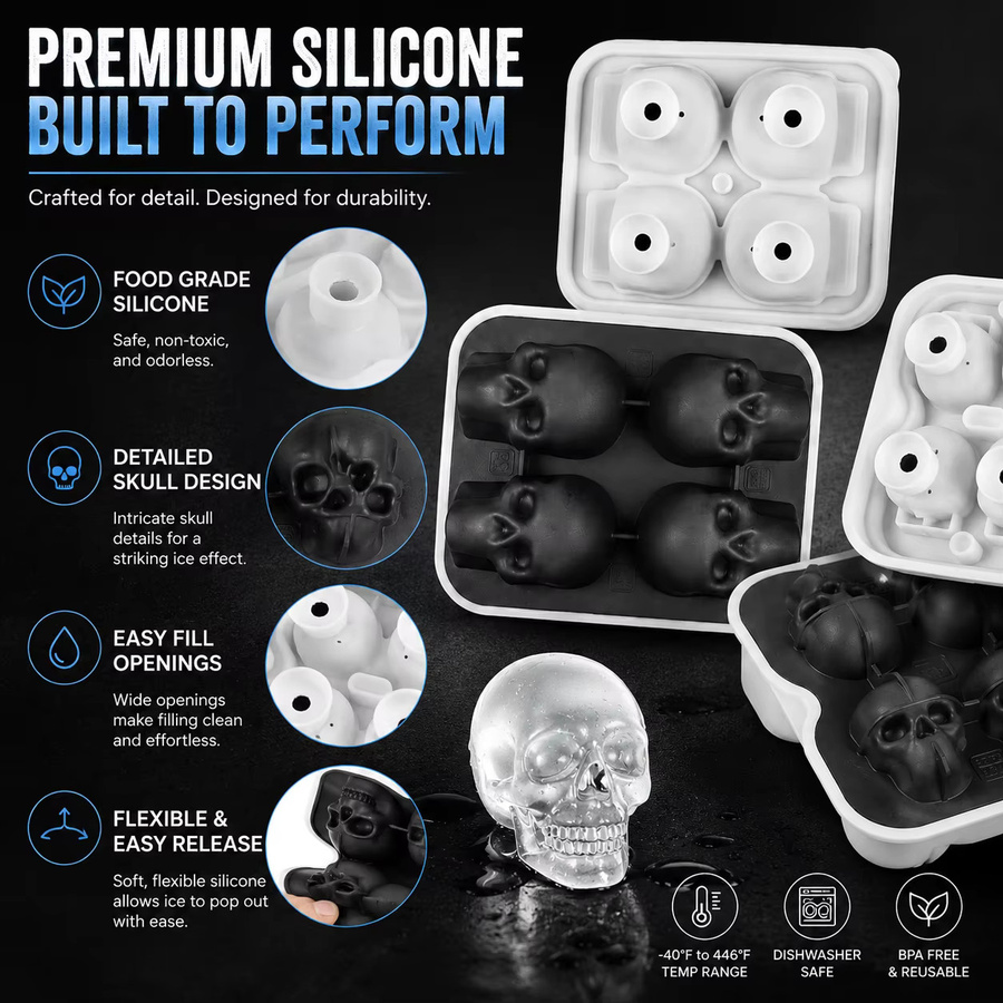 PGY 3D-Silikon-Eiswürfelform mit Totenkopf-Motiv in Schwarz und Grau für Halloween-Partys und Cocktails - Bild 5