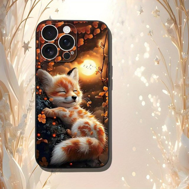 Stoßfeste iPhone Handyhülle mit schlafendem Fuchs-Muster in Schwarz für iPhone 17 16 15 14 13 12 11 Pro Max Plus - Bild 1