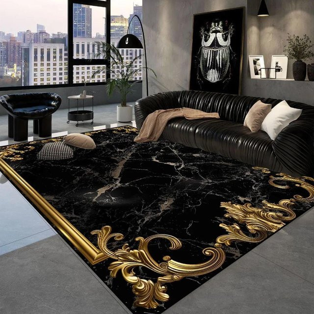 Wucifang Jewelry Teppich in Schwarz und Gold, moderner Flanell-Teppich mit geometrischem Design, rutschfest und waschbar, B/T: 60 x 90 cm - Bild 1