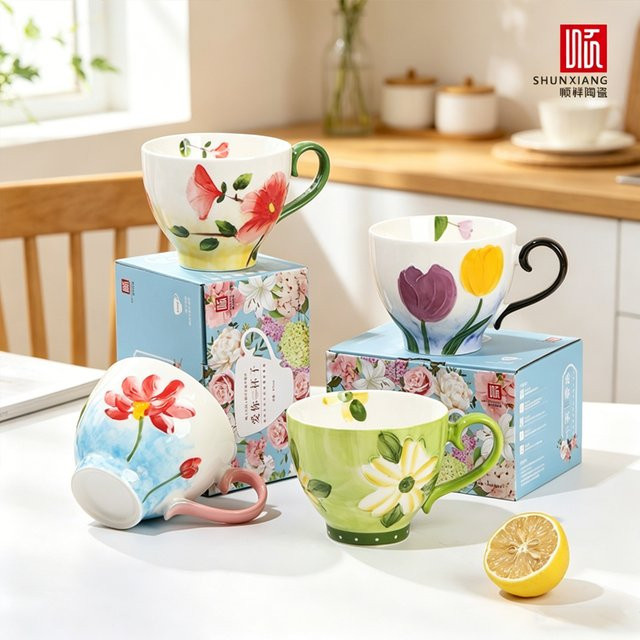 Shunxiang Keramik-Kaffeetasse mit Blumenmuster in Multicolour für Tee, Milch oder Haferbrei im Vintage-Stil - Bild 1
