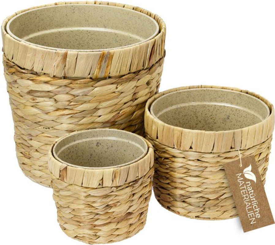 Hmf 3er Set Geflochtene Blumentöpfe aus Wasserhyazinthe und Seegras, Rund, Beige/Braun, Durchmesser: 14 cm, 19 cm und 25 cm - Bild 1