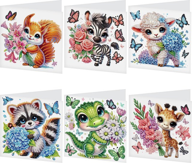 6-teiliges Grußkarten-Set mit Umschlägen für Diamantkunst und Malerei, Motiv Tiere, Multicolor - Bild 1