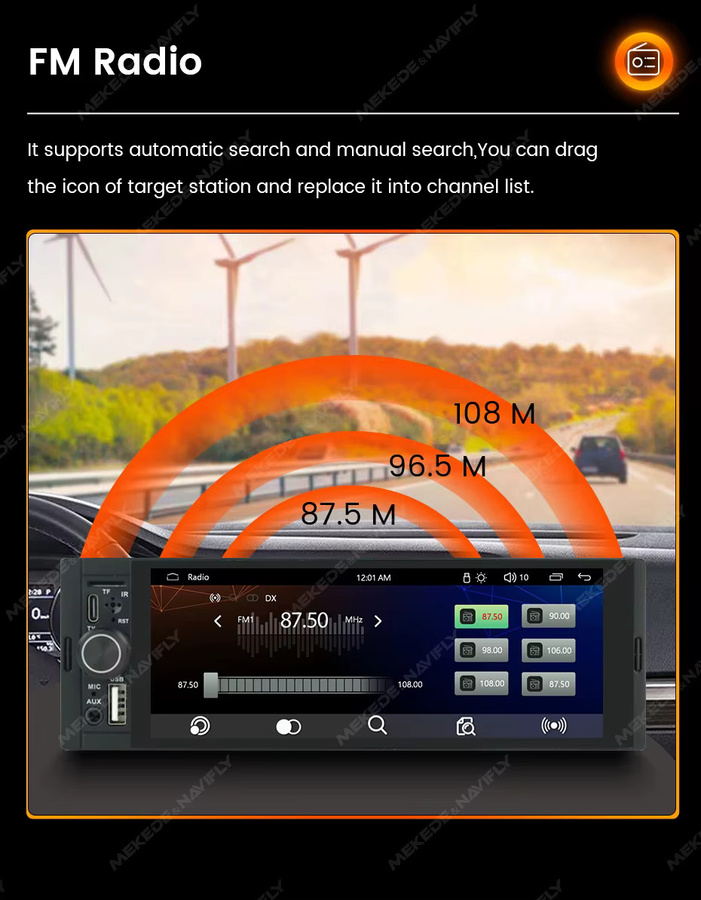 MEKEDE 1Din Multimedia Autoradio mit 6,86 Zoll Display, kabelloses CarPlay und Android Auto, Bluetooth, GPS Navigation, USB Typ-C und FM Stereo in Schwarz - Bild 6