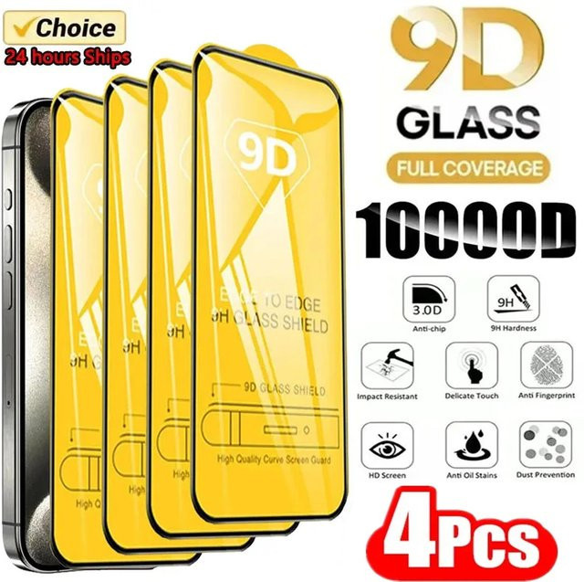 4er-Pack 9D Schutzglas für Apple iPhone 16 15 14 13 12 11 Pro Max Plus Mini, gehärtete Displayschutzfolien, transparent - Bild 1