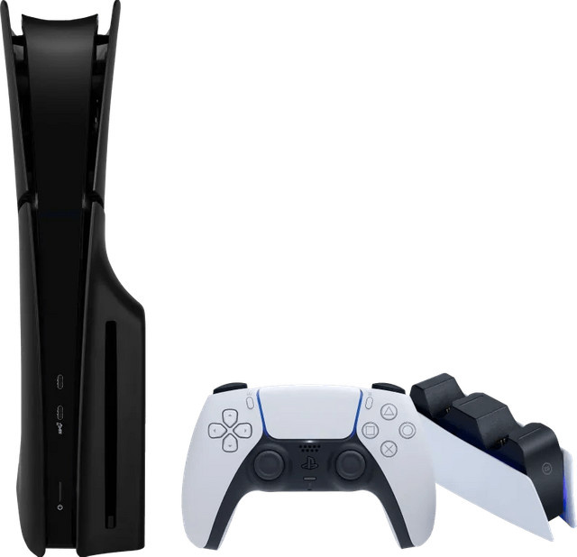 Sony PlayStation 5 Slim Spielkonsole mit Laufwerk, schwarzen Covern und Ladestation in 4K UHD - Bild 1