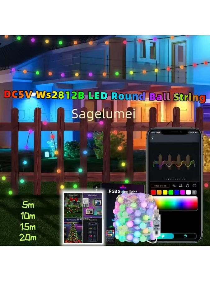 SAGE LU MEI RGBIC LED Kugel-Lichterkette mit Bluetooth, App-Steuerung und Musik-Controller, wasserdicht für Outdoor, Camping und Gartendekoration - Bild 4