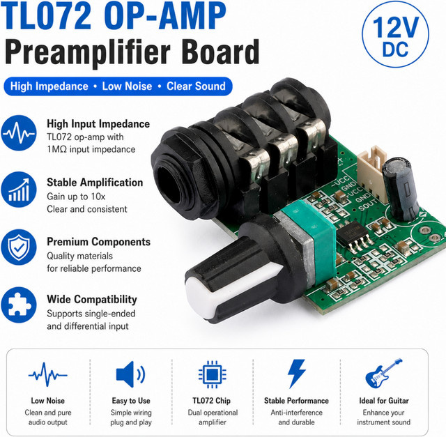 Gaqqee TL072 12V Gitarreninstrument Signalverstärker Hochimpedanz-Vorverstärkerplatine in Grün - Bild 1