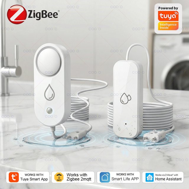 Tuya Zigbee Wasserleck-Detektor mit Sonde und 110dB Audioalarm, intelligenter Wassersensor in Weiß für Küche und Bad - Bild 1