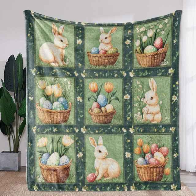 VIKAMA Flanelldecke mit Osterhasen- und Tulpenblumen-Motiv, Mehrfarbig - Bild 1