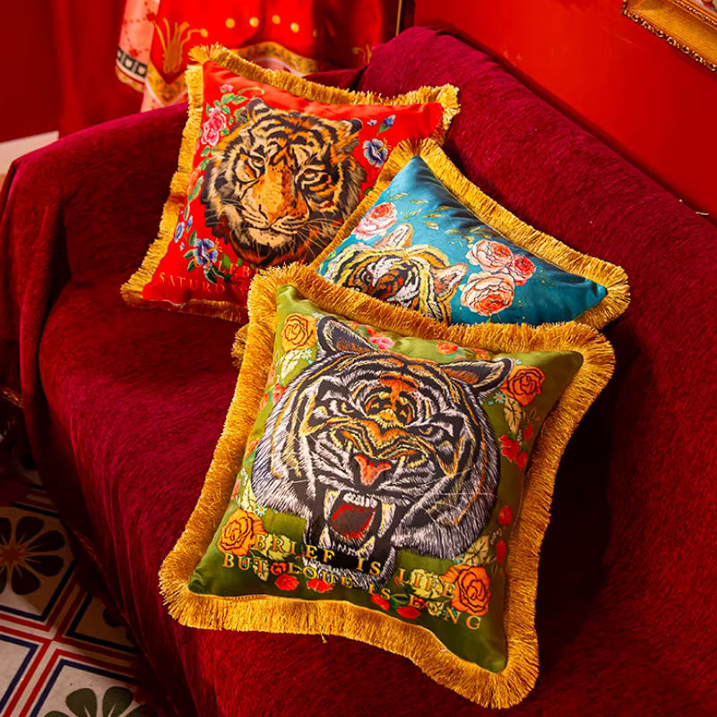 DUNXDECO Dekorative Kissenbezüge aus Samt mit Tiger- und Flora-Print im Dschungel-Stil, Mehrfarbig - Bild 3