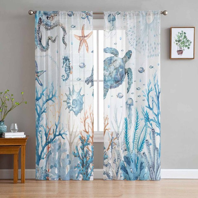 Transparente Tüll-Voile-Vorhänge mit Meeresleben-Motiv Korallen Meeresschildkröten und Seesternen von Household supplies MH, Farbe: Transparent/Blau, B: 135 cm, H: 115 cm, 2er-Set - Bild 1