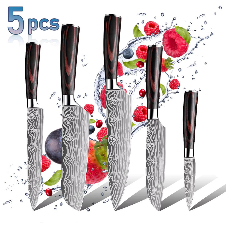 ZENG Küchenmesser-Set mit Lasermuster und ergonomischem Holzgriff in Schwarz, inklusive Santoku-Schneidemesser und Kochmesser - Bild 3