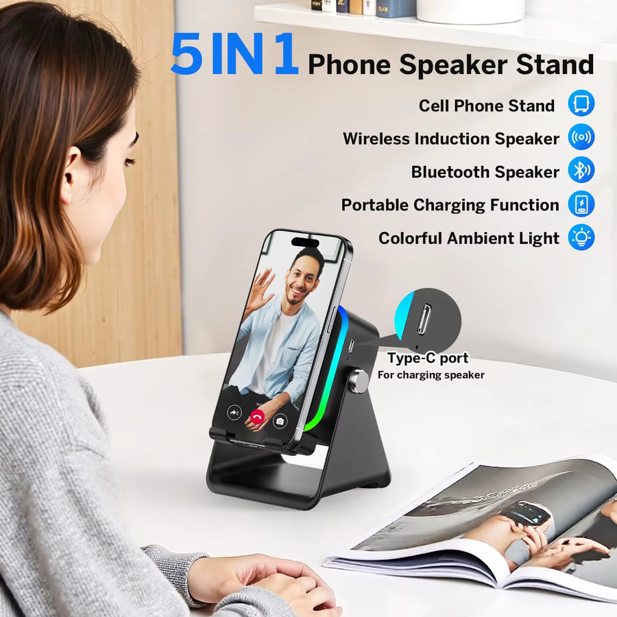 VIKEFON 5-in-1 Bluetooth Telefonhalter und tragbarer Lautsprecher mit RGB-Licht und automatischer Induktion in Schwarz oder Weiß - Bild 2