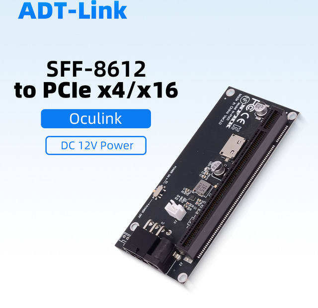 ADT-Link Oculink SFF-8612 auf PCIe X4 X16 Schnittstellenadapterkarte für GPU in Schwarz, kompatibel mit PCIe 4.0 und 3.0 sowie SFF-8611 4i-Kabeln - Bild 1