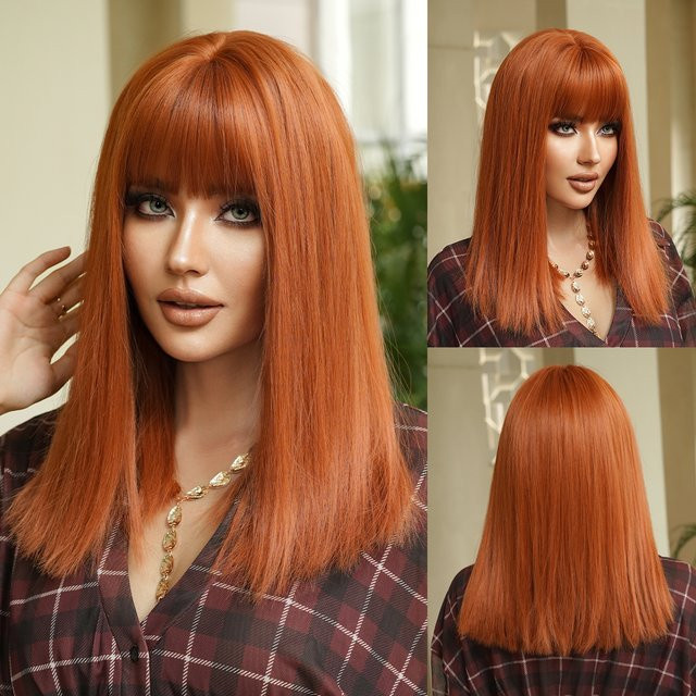NAMM Perücke, synthetisch, schulterlang, gerade, orange, mit Pony, Damen - Bild 1