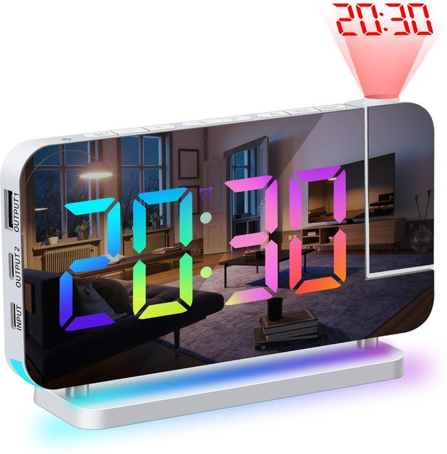 Tooarts Projektionswecker mit 7-Zoll RGB LED-Digitaluhr und Spiegeloberfläche in Weiß - Bild 1