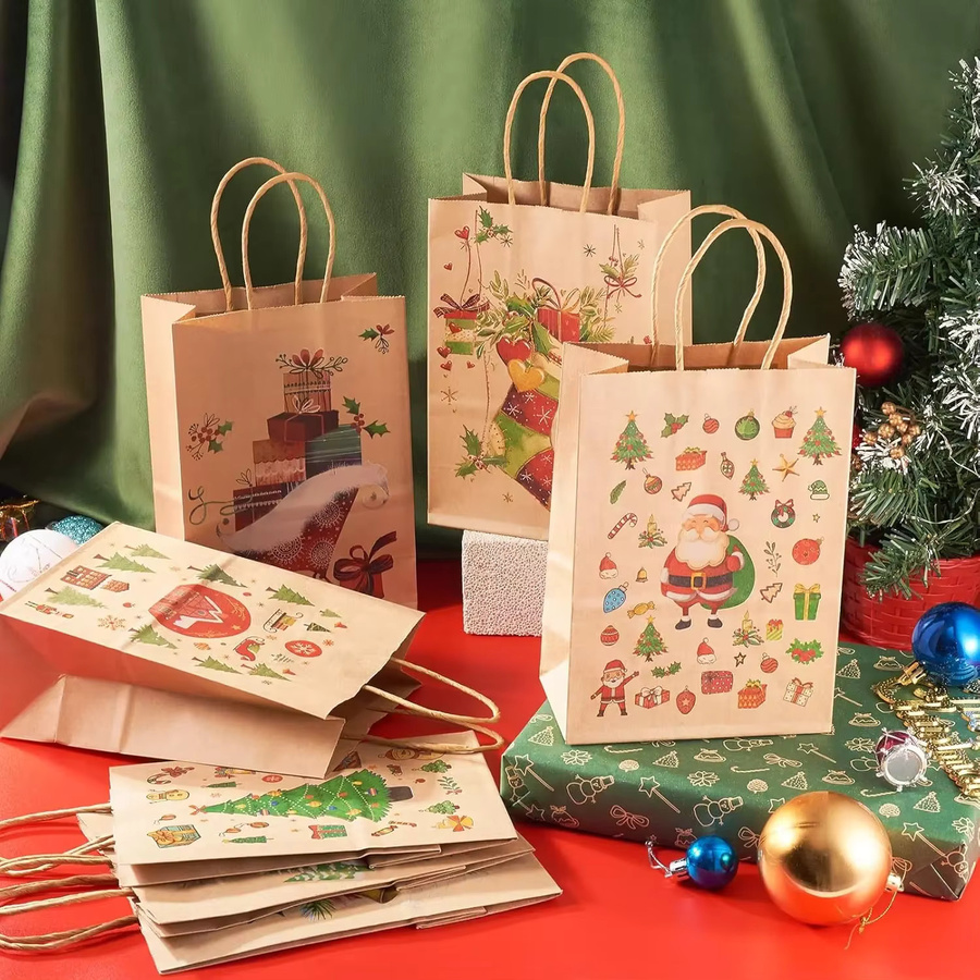 Bunte Weihnachtsabend-Geschenktüten aus natürlichem Kraftpapier mit Griffen für deine Feiertagsverpackungen - Bild 4