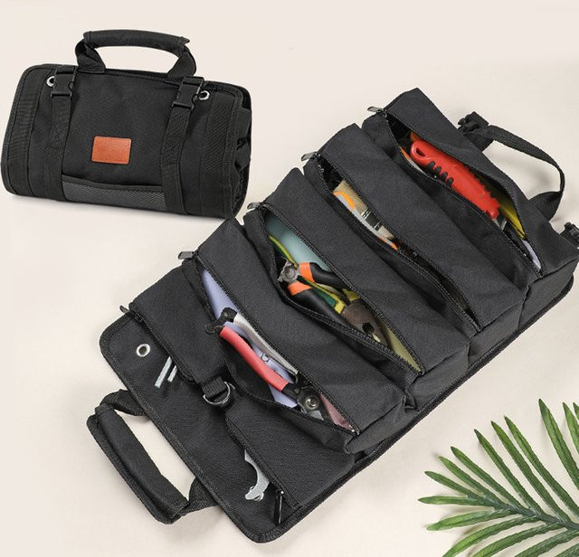 Robuste Werkzeugtasche zum Aufrollen in Schwarz, faltbarer Werkzeug-Organizer mit 2 kleinen Taschen für Mechaniker und Elektriker, B/T/H: 50,0 x 32,0 cm - Bild 1