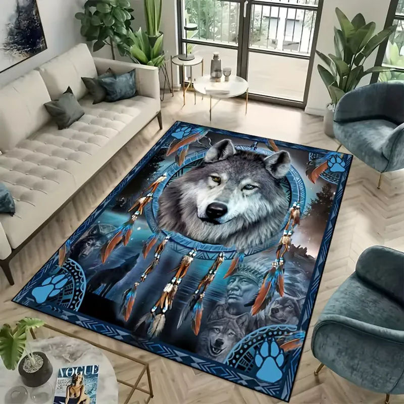 VIKAMA Native American Wolf Dreamcatcher Teppich in Blau, rutschfeste und waschbare Matte mit Tribal-Wolf-Feder-Print für Wohnzimmer und Schlafzimmer - Bild 2