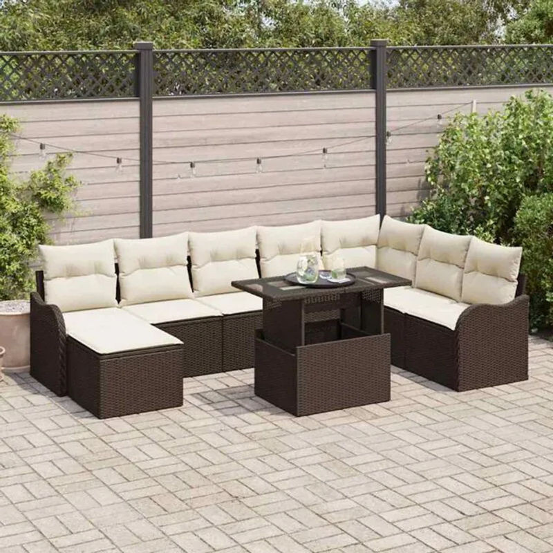Vidaxl Garten-Sofa-Set aus Poly-Rattan mit Kissen und integriertem Stauraum in Braun, 9-teilig - Bild 1