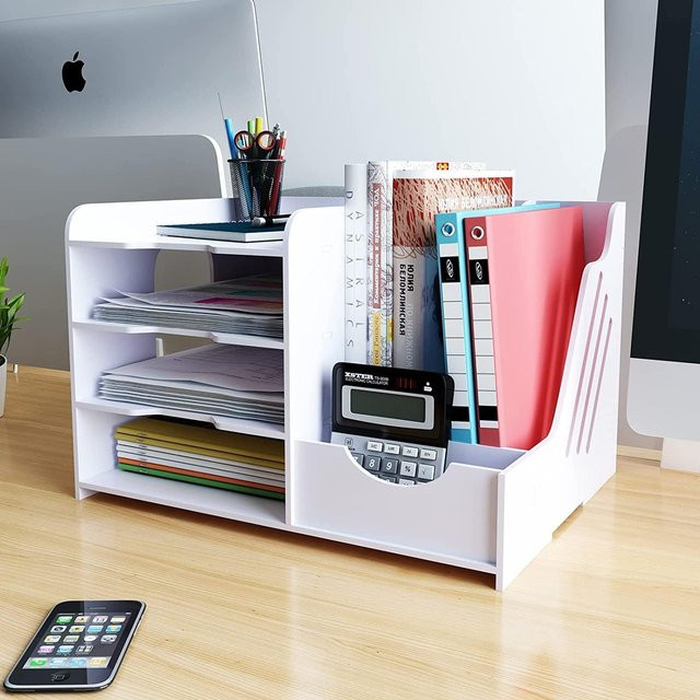 Multifunktionaler Schreibtisch-Organizer aus Kunststoff in Weiß mit mehreren Fächern für Zuhause, Schule und Büro - Bild 1