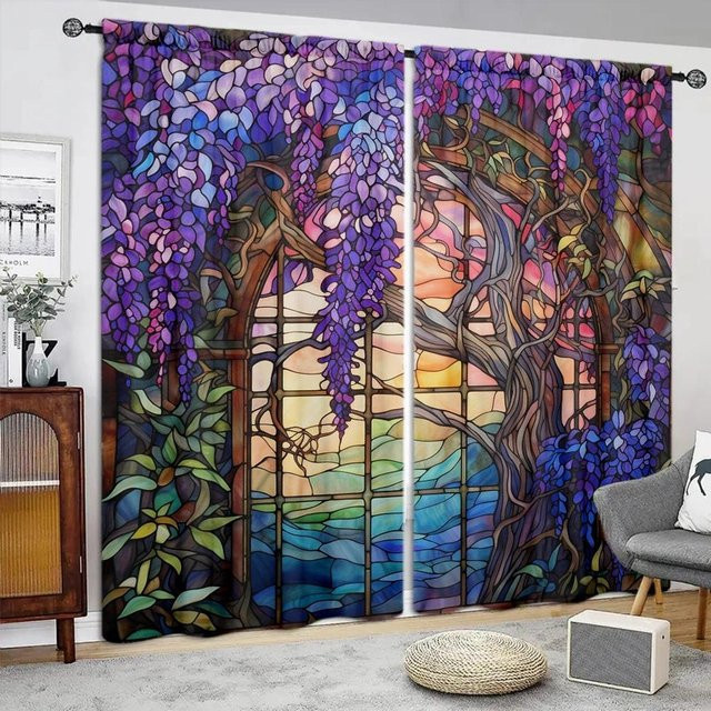 2er-Set dekorative Vorhänge mit Glyzinien-Blumenmuster in Grau und Buntglas-Optik, halbtransparent, B/H: 52,5 x 116 cm - Bild 1