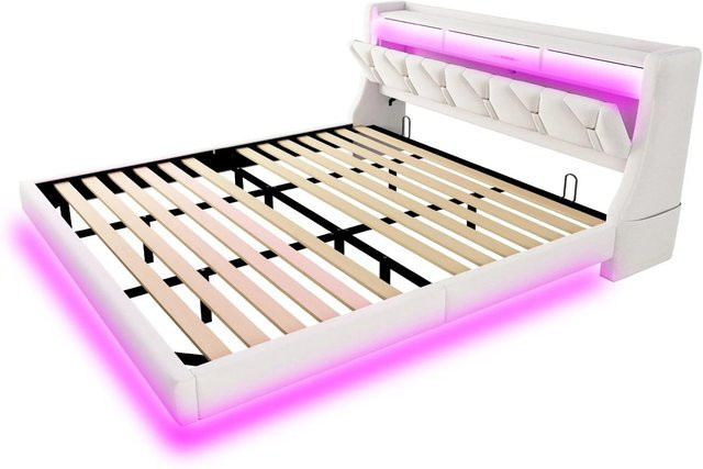 Merax Polsterbett mit LED-Beleuchtung und Stauraum in Beige, B/T/H: 180 x 200 x 112,8 cm (Breite: 180 cm, Tiefe: 200 cm, Höhe: 112,8 cm) - Bild 1