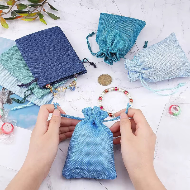 25 Stück Sackleinen-Verpackungsbeutel mit Kordelzug in Blau als Geschenktüten für Süßigkeiten oder Ostern - Bild 3