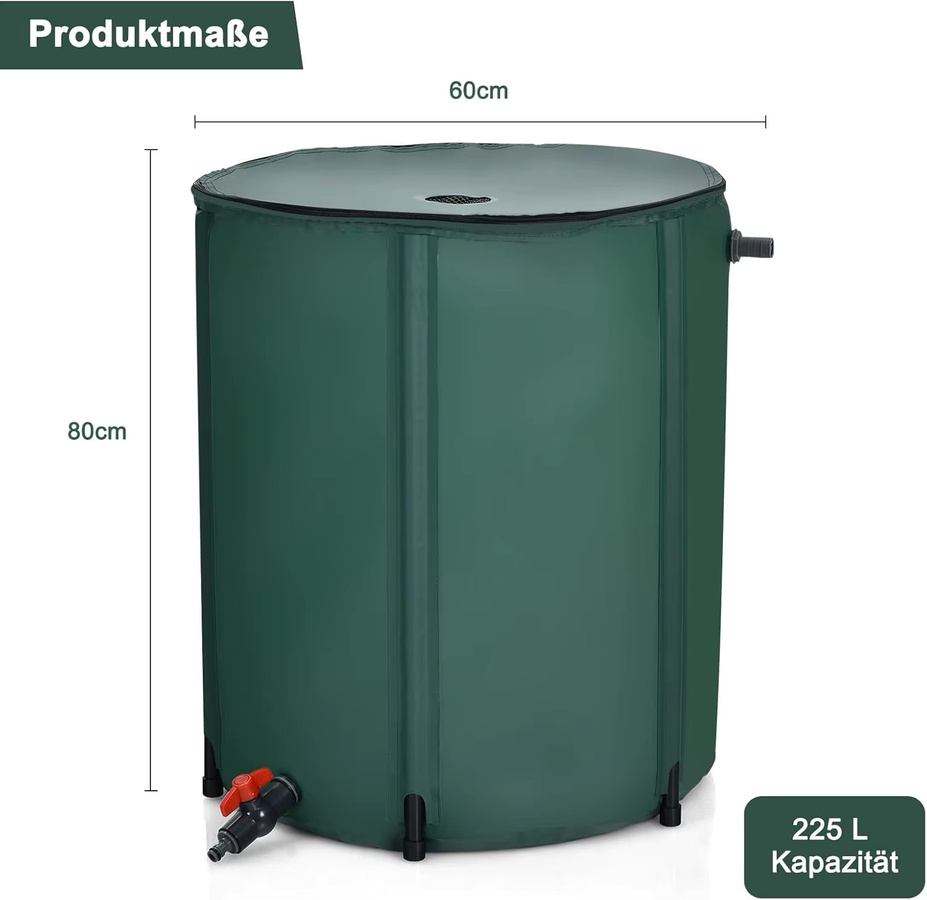 Faltbares GOFLAME Regenfass aus PVC mit Überlaufventil, Grün, Volumen: 225 l, B/T/H: 60 x 60 x 80 cm - Bild 5