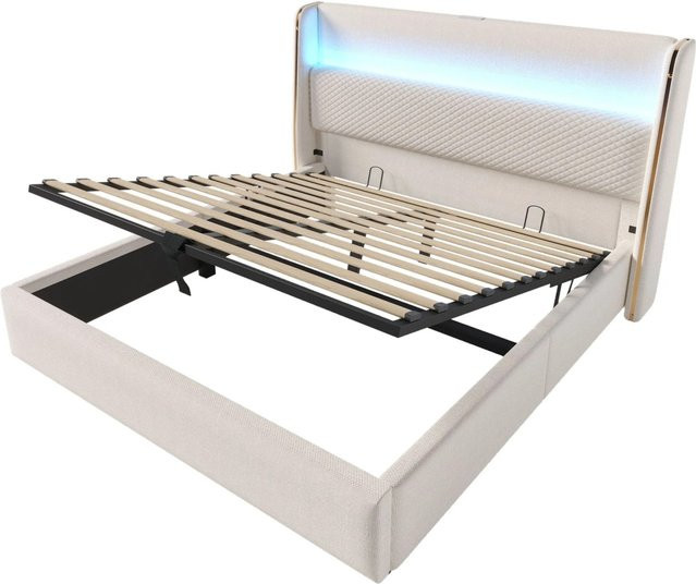 okwish Hydraulisches Bett mit Matratze in Beige, inkl. USB-C Anschlüssen und Unterbettbeleuchtung, B/T/H: 221 x 140 x 153 cm - Bild 1