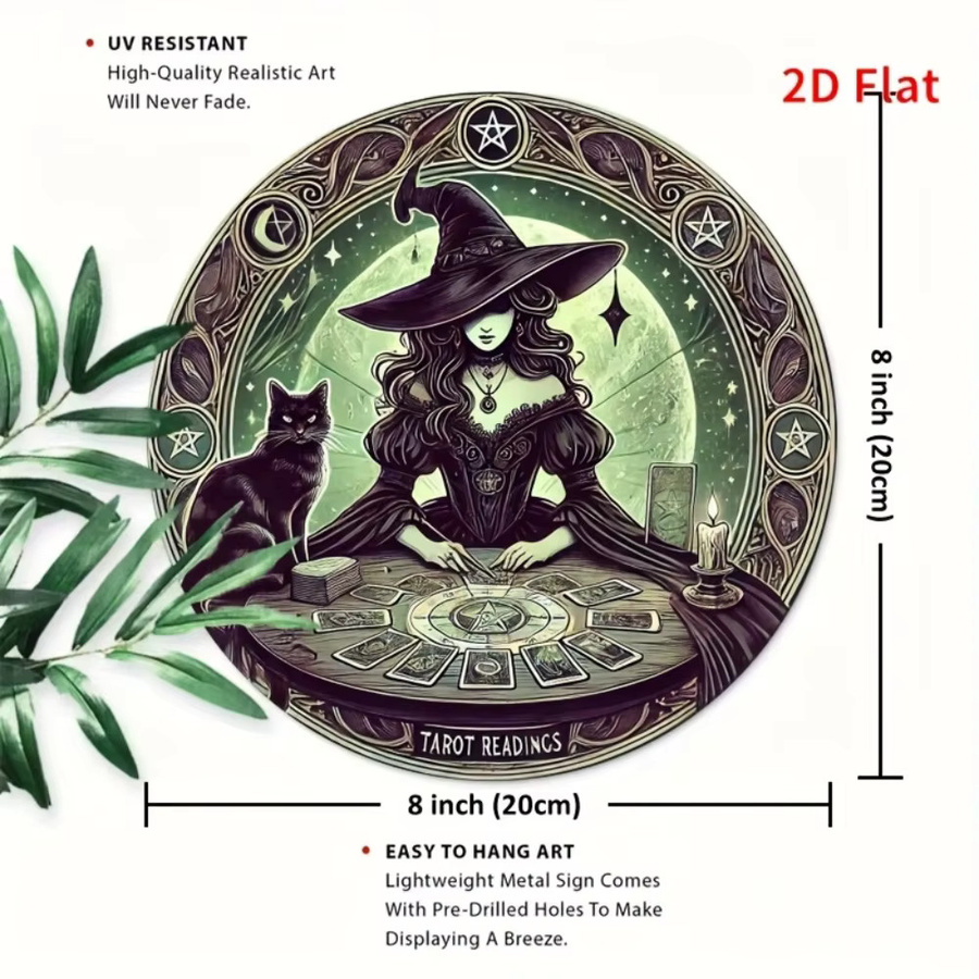 HELLOYOUNG Vintage Wanddeko aus Metall mit Tarot-Motiv, Hexen und Katzen, Rund, Durchmesser: 20 cm, Mehrfarbig - Bild 3