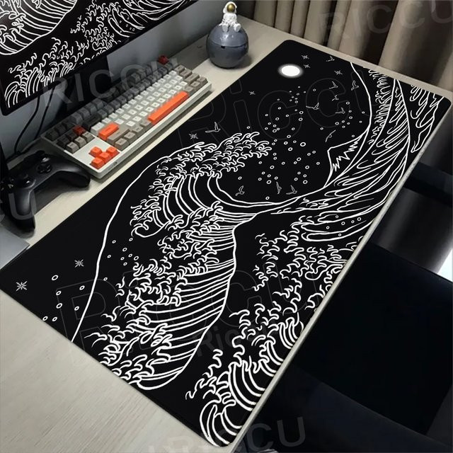Riccu Mauspad Great Wave Kanagawa Design in Schwarz als Schreibtischunterlage und Tastaturmatte - Bild 1
