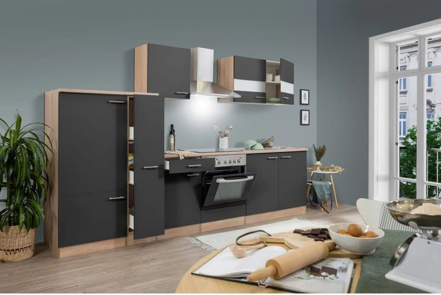 Respekta Küchenzeile KB300ESGC in Grau-Eiche Sägerau Nachbildung mit Glastüren und Soft-Close-Funktion, Breite: 300 cm - Bild 1