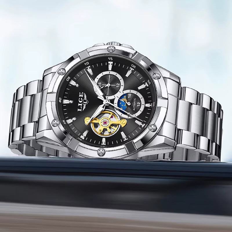 LIGE Armbanduhr Automatik, Edelstahl, Schwarz, Herren - Bild 2