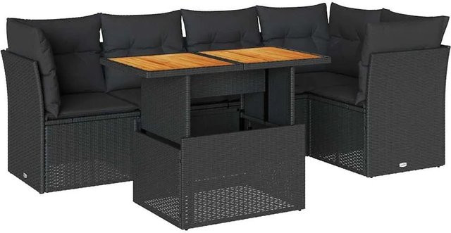 vidaXL 6-teilige Garten-Sofagarnitur aus Poly-Rattan und Akazienholz in Schwarz mit Kissen - Bild 1