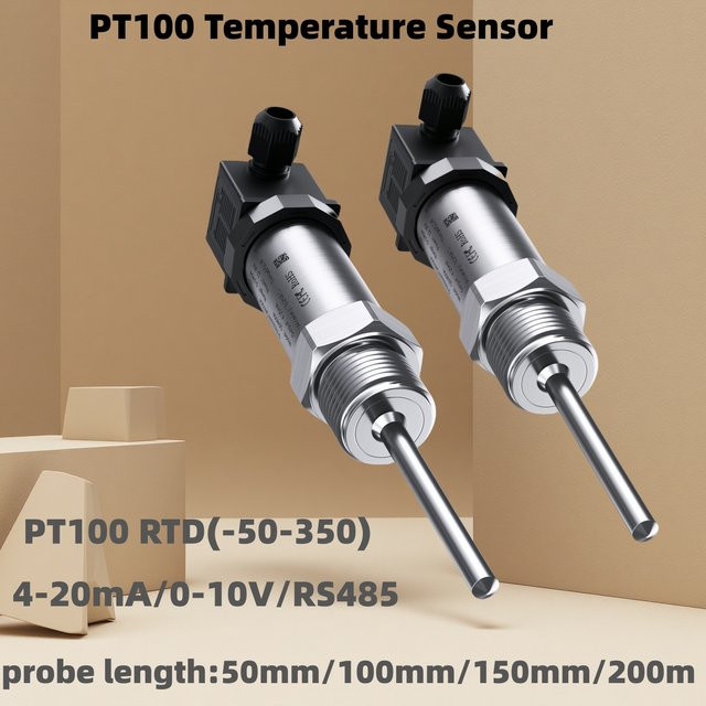 XUYANGQIDIAN PT100 Temperatursensor mit 6mm Sondendurchmesser, Messbereich -50 bis 350C, 4-20mA oder 0-10V Ausgang, M20*1,5 Anschluss, DC24V, Farbe: Silber - Bild 1