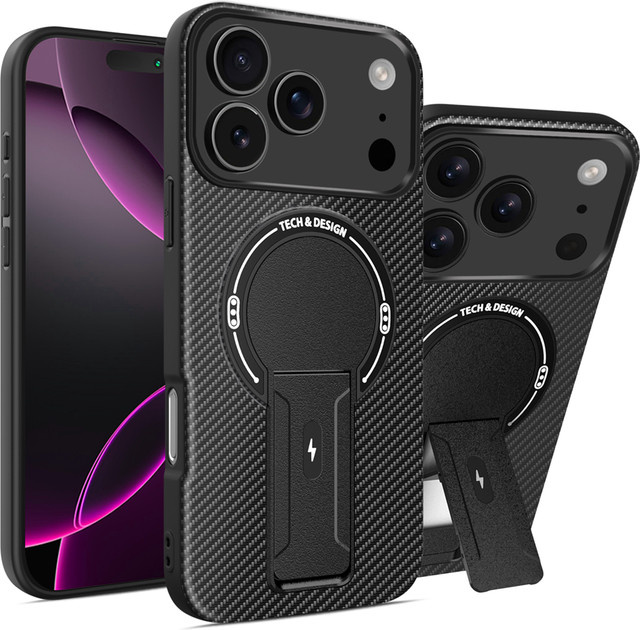 Kohlefaser-Handyhülle für iPhone 17 Air 16e 16 15 14 13 12 11 Pro Max Plus mit MagSafe und Rückständer in Grau - Bild 1