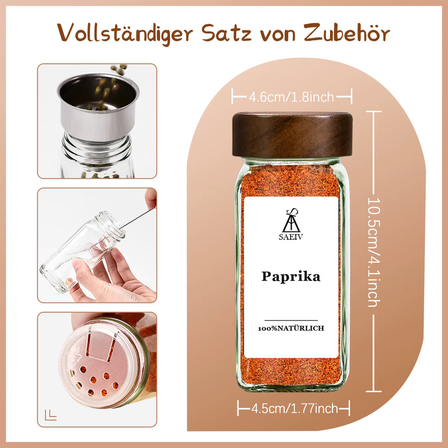 SAEIV Gewürzglas Set aus Glas mit Holzdeckeln und Aufbewahrungsregal aus Holz, luftdicht und auslaufsicher, transparent - Bild 2