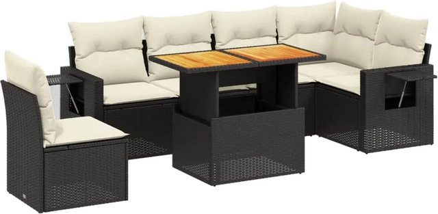 vidaXL 7-teilige Garten-Sofagarnitur in L-Form aus Polyrattan und Akazienholz mit Kissen in Schwarz-Creme - Bild 1