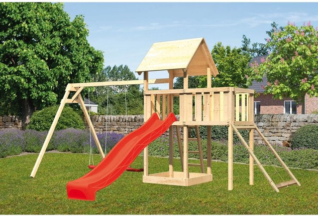 Karibu Spielturm Lotti mit Doppelschaukel, Anbauplattform, Netzrampe und Rutsche in Rot - Bild 1