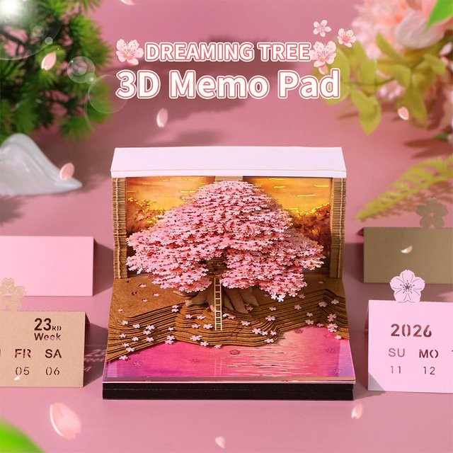 2026 Papierschnitzerei Kalender Baumhaus 3D Desktop-Dekoration Notizbuch in Pink - Bild 1