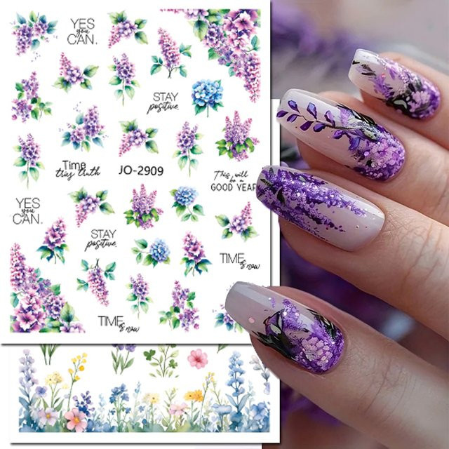 AuuuGBeau 3D Nail Art Aufkleber, Blumen und Schmetterlinge, lila blau rosa - Bild 1