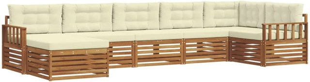 vidaXL 7-teilige Sofagarnitur L-Form aus Massivholz Akazie in Natur und Creme mit wetterfesten Kissen - Bild 1
