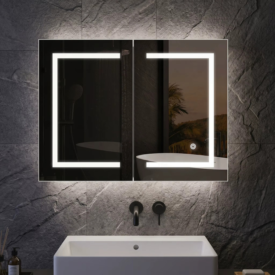 Anajqaqia Badezimmer-Spiegelschrank in Weiß mit LED-Beleuchtung und Touch-Sensor, B/H/T: 80 x 60 x 13,5 cm - Bild 5