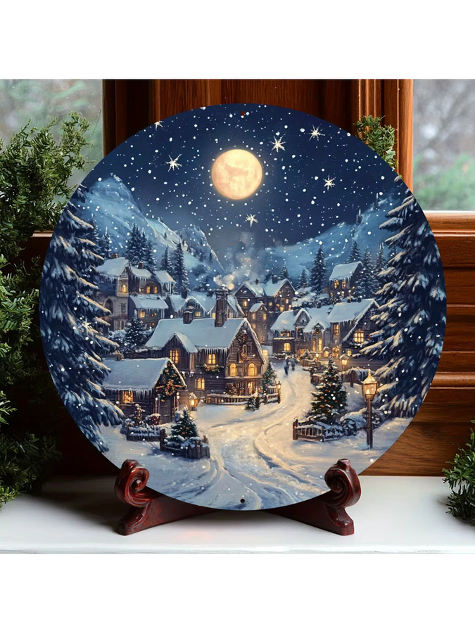 Potdemiel Vintage Rundes Metallschild Winternacht Schnee Dorf Szene Wandbehang Mehrfarbig Durchmesser: 20,32 cm - Bild 7