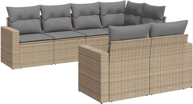 vidaXL 7-tlg Garten-Sofagarnitur in L-Form aus Poly Rattan und pulverbeschichtetem Stahl, Beige - Bild 1